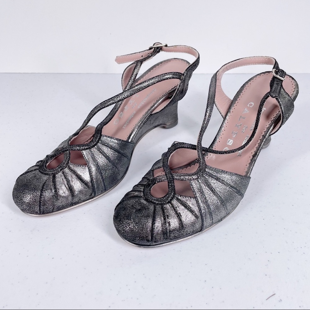 Jacqueline Schnabel for Calypso Silver Metallic Slingback Wedge Women's Size 5.5